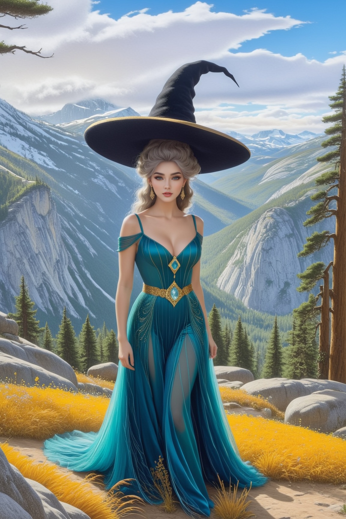 ((Ultra-Detailed)) Photography of a sophisticated witch \(sp.ed.ogInky1\) standing in a vista point of a national park,  w...