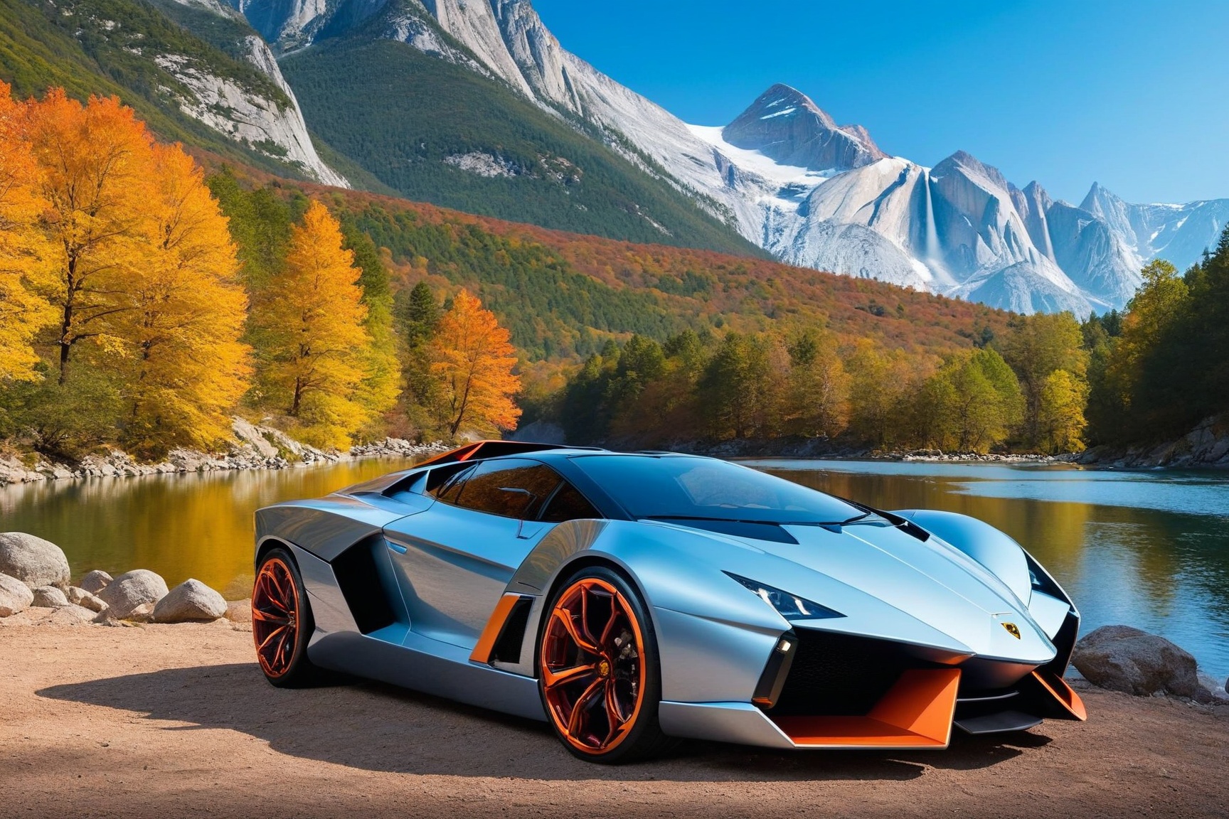 ((Hyper-Realistic)) photo of 1 car \(2013 Lamborghini Egoista designed by Walter de Silva\) parked,  (backdrop: beautiful...