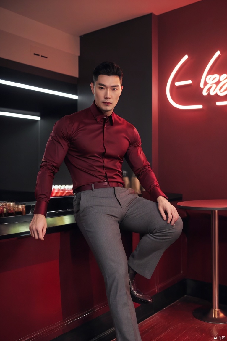  1man,fashion model,male focus,(masterpiece, realistic, best quality, highly detailed,profession),asian,exquisite facial features,handsome,deep eyes,large pectorales,(tight dark red see-through shirt),grey pants,in pub,night lighting,neon, cinematic composition,blurry,jzns, 
