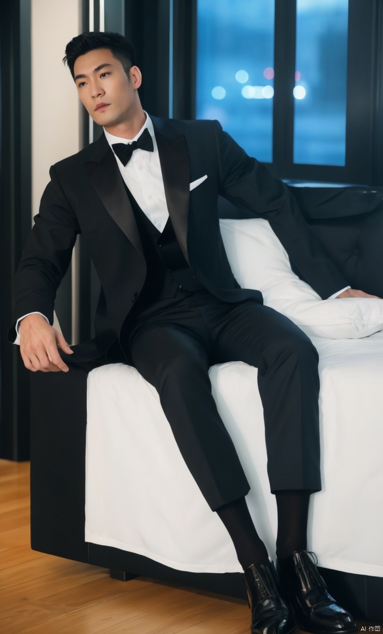  1man,fashion model,male focus,(masterpiece, realistic, best quality, highly detailed,Ultra High Resolution,Photo Art,profession),asian,exquisite facial features,handsome,deep eyes,(tuxedo,Waist seal),pants,sheer socks,footwear,sitting,indoors,night lighting,neon,full body,blurry,jzns,dyzgqzm, , jzns