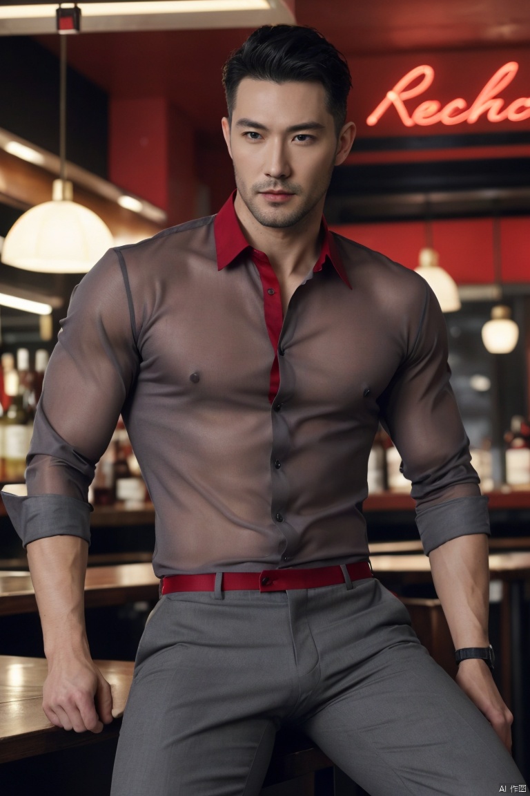  1man,fashion model,male focus,(masterpiece, realistic, best quality, highly detailed,profession),asian,exquisite facial features,handsome,deep eyes,large pectorales,(tight red see-through shirt),grey pants,(bulge:1.2),in pub,night lighting,neon, cinematic composition,blurry,jzns, 