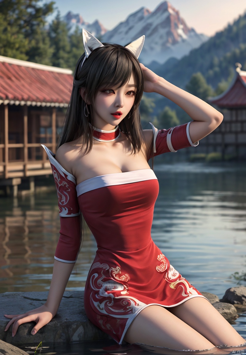 8K, ultra high resolution, ultra high quality, masterpiece,Mountains, lakes1girl, detached sleeves, detached collar, long locks, strapless, sidelocks , houtufeng,, WZRYdajiJW,,
The fox has white ears,Lying in the water, lying on your back, from God's perspective, from a tall building's perspective,
 houtufeng, cityscape,  standing, dress,animal ears, hair ornament, makeup,Lying in the water, powder blusher, high-definition wallpaper 4k quality, lifelike portrait,, 1girl