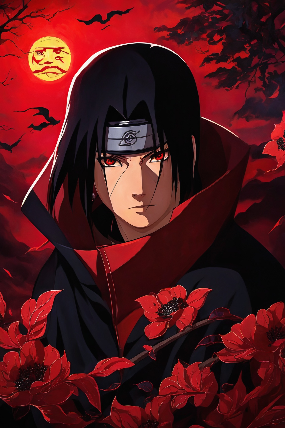 Itachi Uchiha,  Sharingan eyes,  blood moon background by Ai Art Vision on Tensor.Art