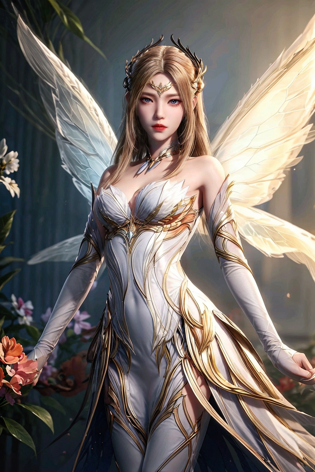 a beautiful fairy with wings standing in the middle of a butterfly field,  in the style of celebrity photography,  gongbi...