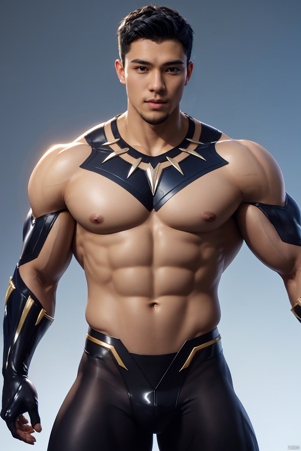  masterpiece,1 boy,Black Panther,Black tights,Glossy,Muscular development,Strong and healthy,Uplift,A sexy man,Gradient background,Combat posture,High body fat,Big belly,textured skin,super detail,best quality,,
