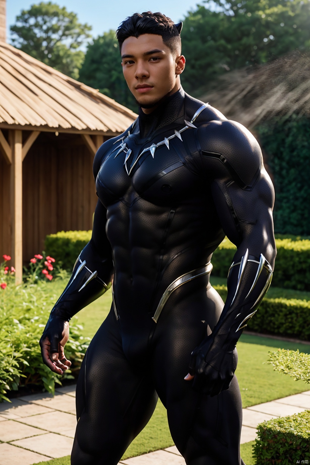 masterpiece,1 boy,Black Panther,Black tights,Glossy,Muscular development,Strong and healthy,Uplift,A sexy man,Garden,Combat posture,High body fat,Big belly,Obesity,textured skin,super detail,best quality,,
