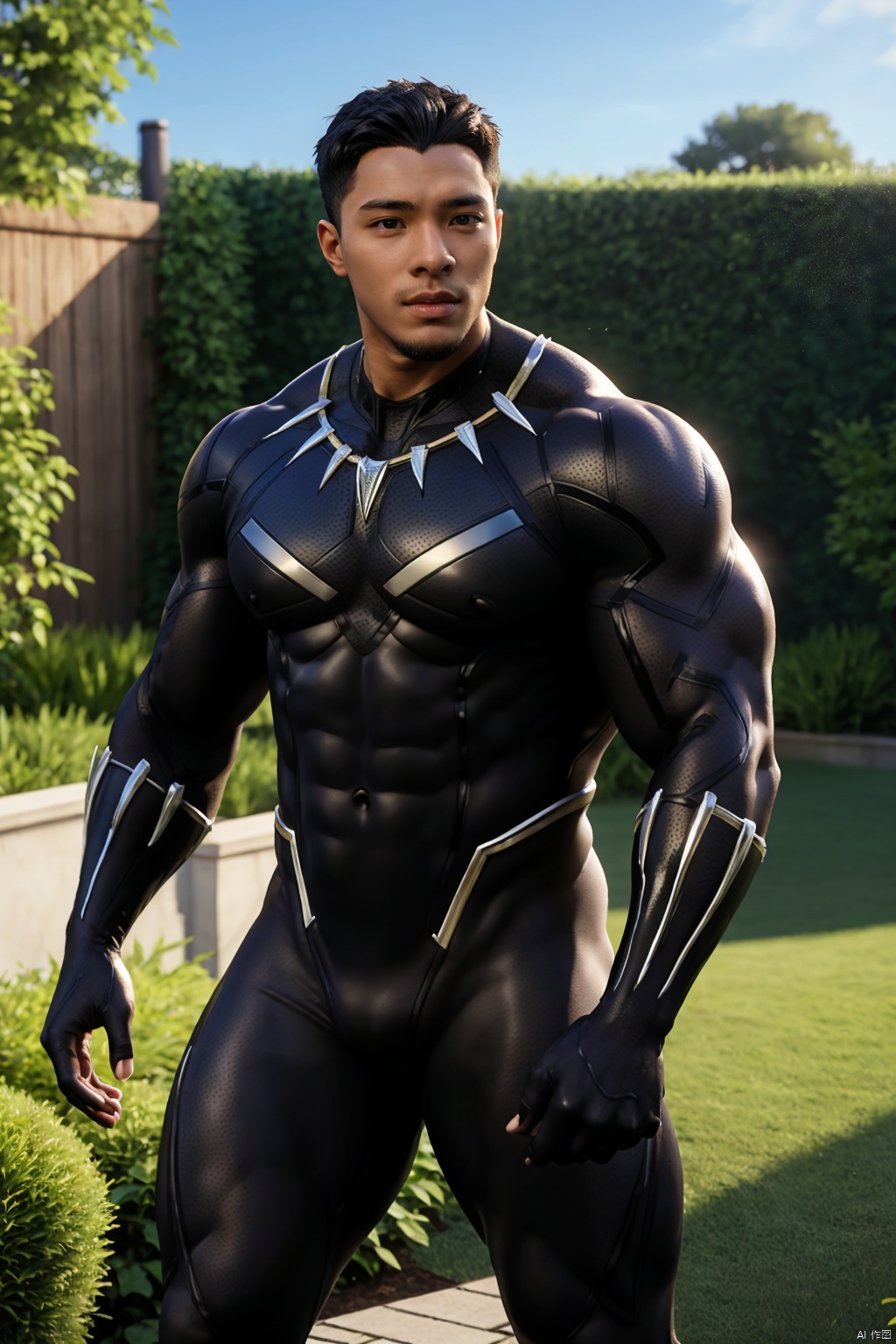 masterpiece,1 boy,Black Panther,Black tights,Glossy,Muscular development,Strong and healthy,Uplift,A sexy man,Garden,Combat posture,High body fat,Big belly,Obesity,textured skin,super detail,best quality,,