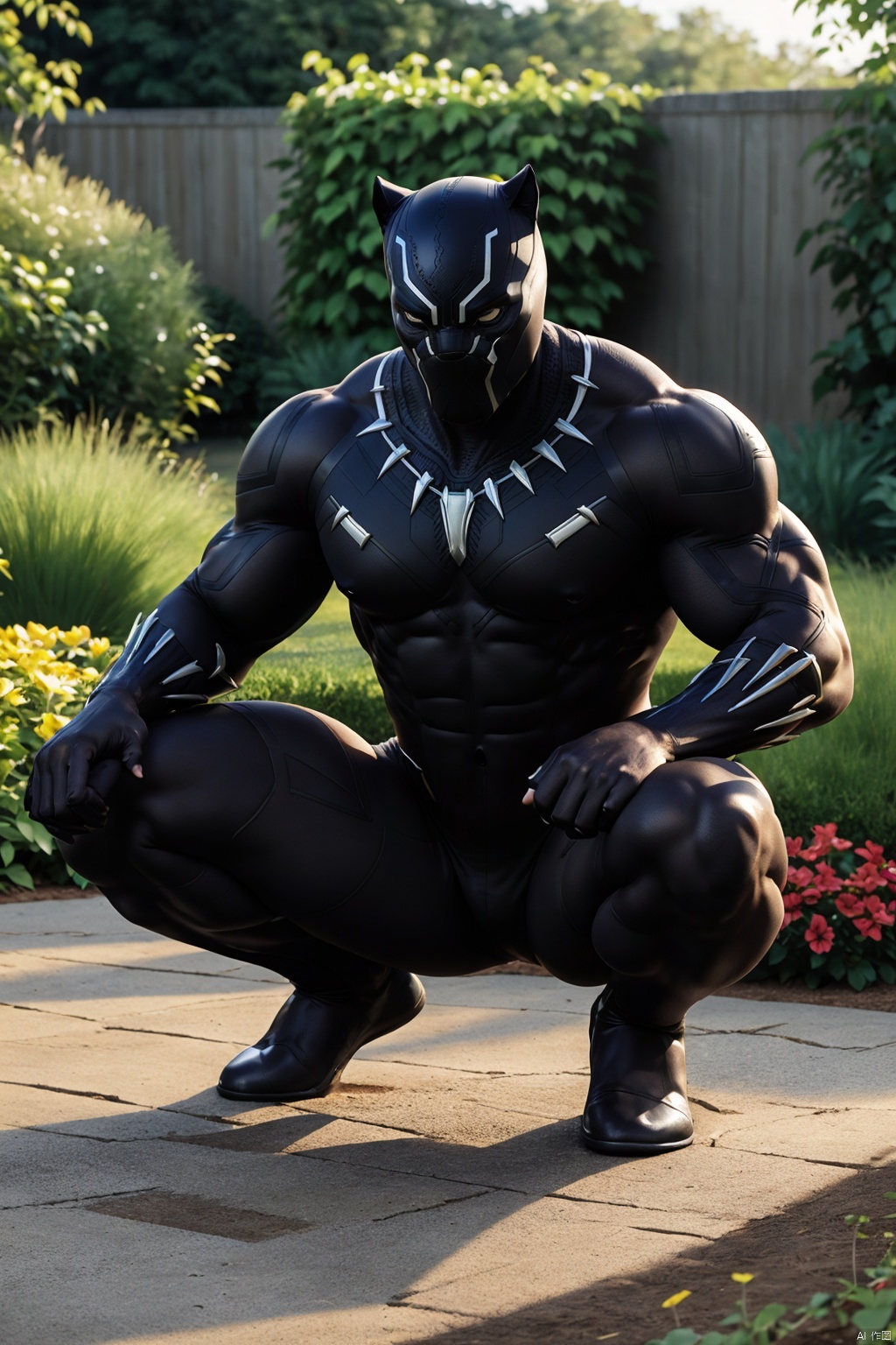 masterpiece, 1 boy, Black Panther, Black tights, A torn war suit, Muscular development, muscular, Uplift, Sexy, Garden, High body fat, Topless, Obesity, Big belly, A fighting posture squatting on the ground, high details, best quality,