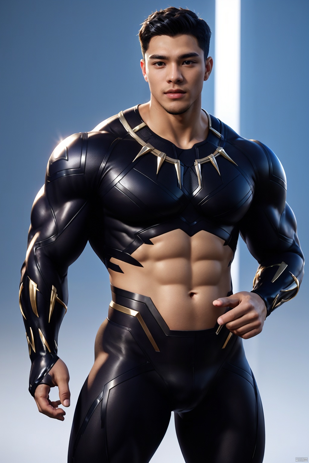 masterpiece,1 boy,Black Panther,Black tights,Glossy,Muscular development,Strong and healthy,Uplift,A sexy man,Gradient background,Combat posture,High body fat,Big belly,textured skin,super detail,best quality,,