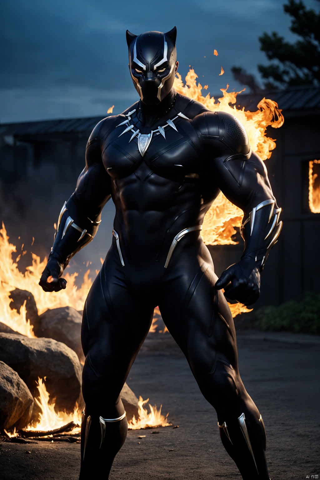 masterpiece, 1 boy, Mask, Black Panther, Black tights, Glossy, Muscular development, Strong and healthy, Sci-fi scenes, Outdoor, night, Warfare, Fire element, Flame, textured skin, super detail, best quality,