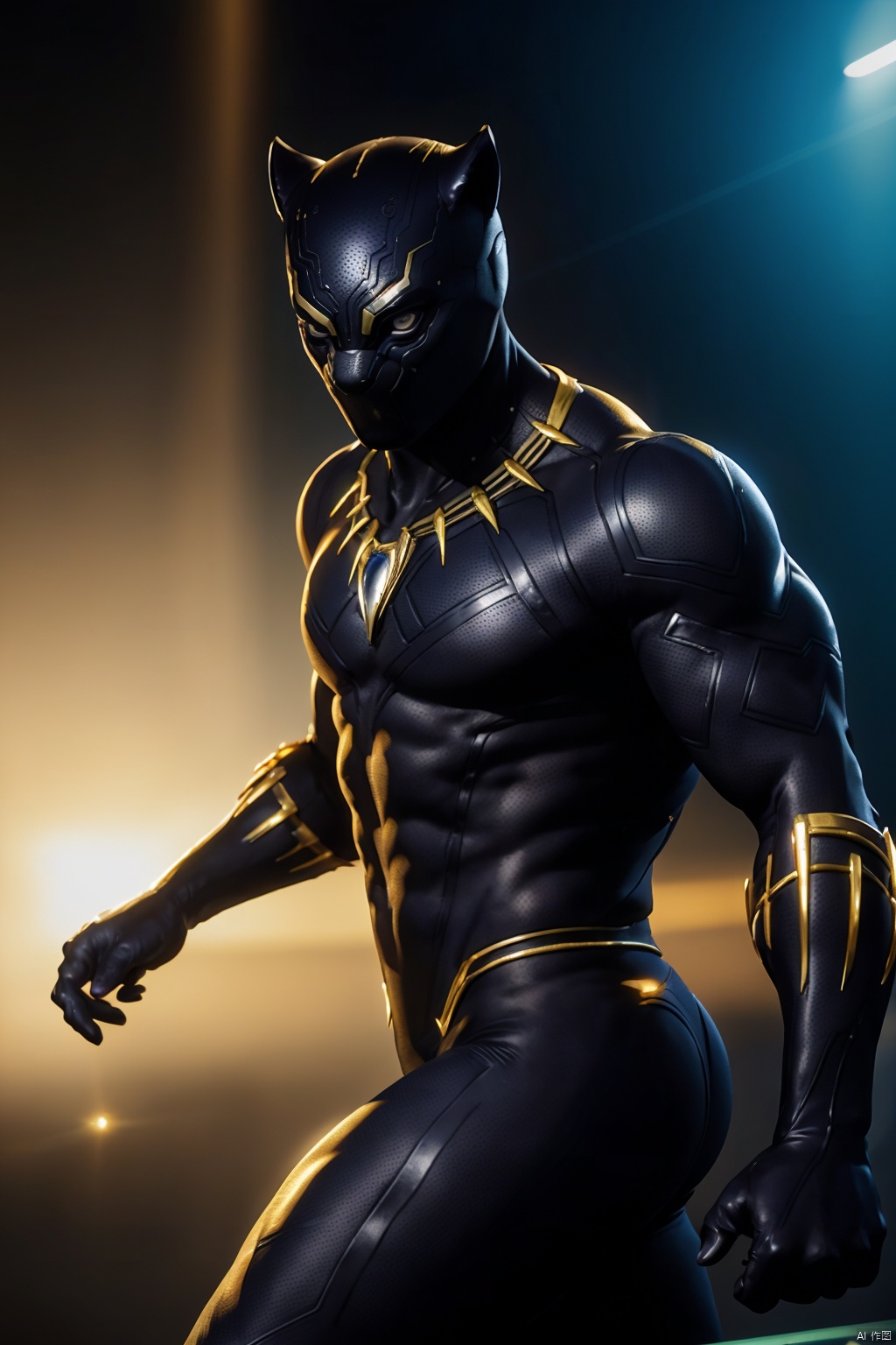 masterpiece, 1 boy, Look at me, Marvel, Black Panther, Mask, Tights, Golden texture, Muscular development, The background of science fiction, Neon light, Combat posture, textured skin, super detail, best quality,