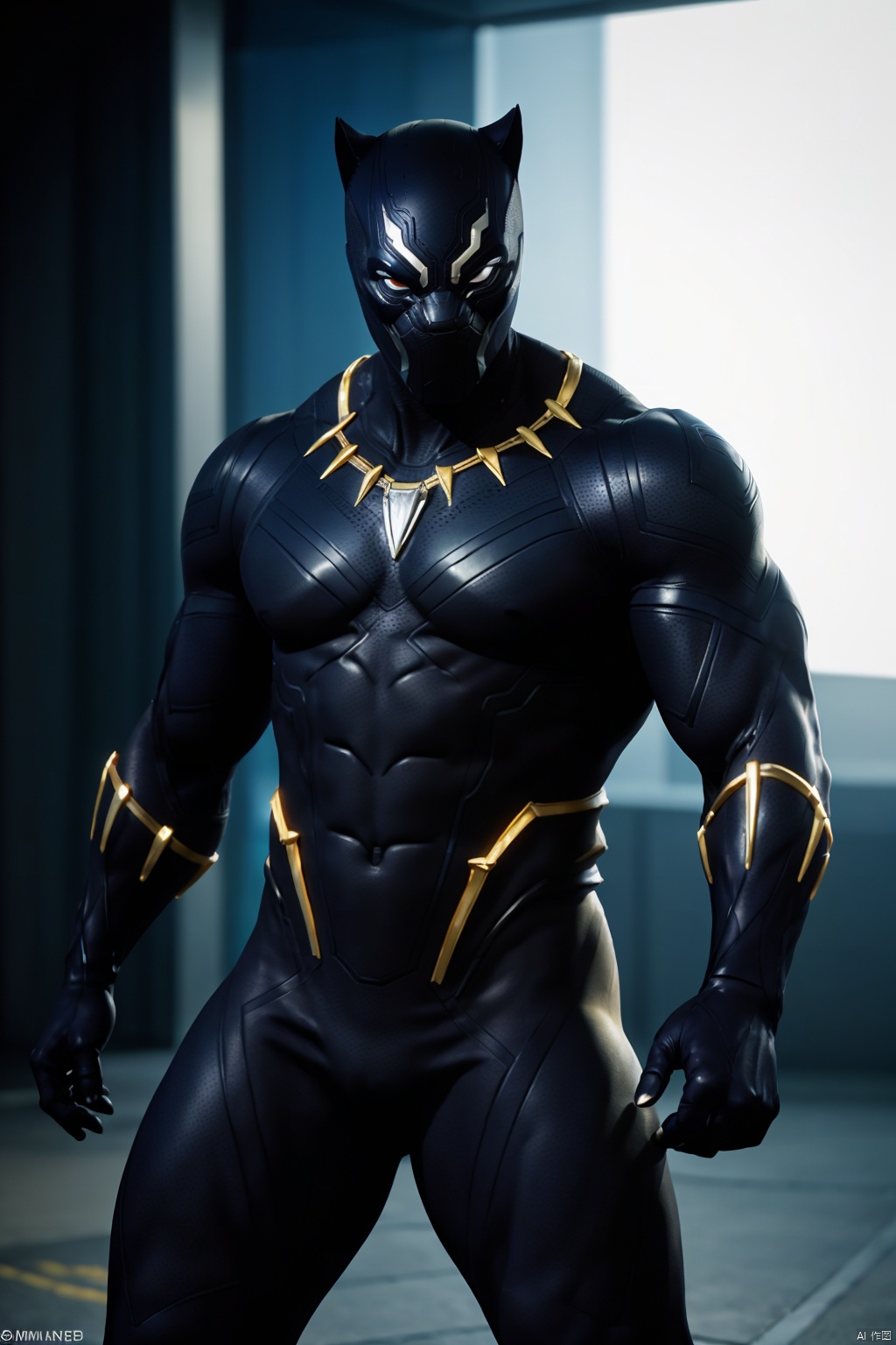 masterpiece,1 boy,Look at me,Marvel,Black Panther,Mask,Tights,Golden texture,Muscular development,The background of science fiction,Neon light,Warfare,Combat posture,textured skin,super detail,best quality,,
