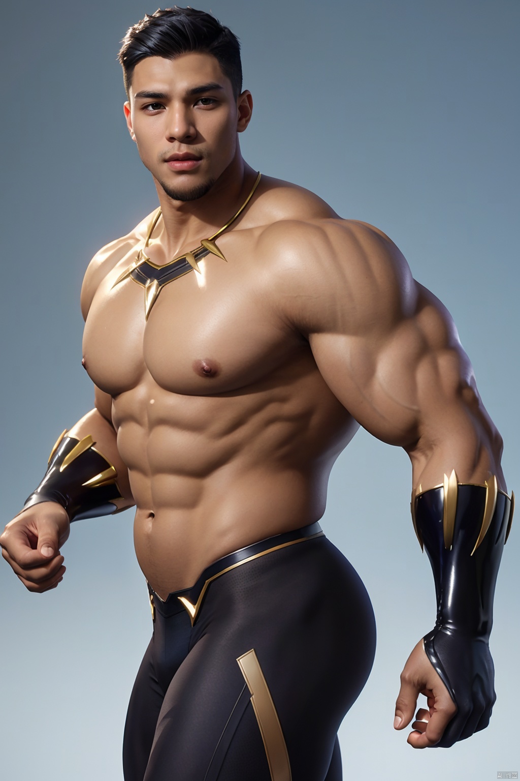 masterpiece, 1 boy, Black Panther, Black tights, Glossy, Muscular development, Strong and healthy, Uplift, A sexy man, Gradient background, Combat posture, High body fat, Big belly, textured skin, super detail, best quality,