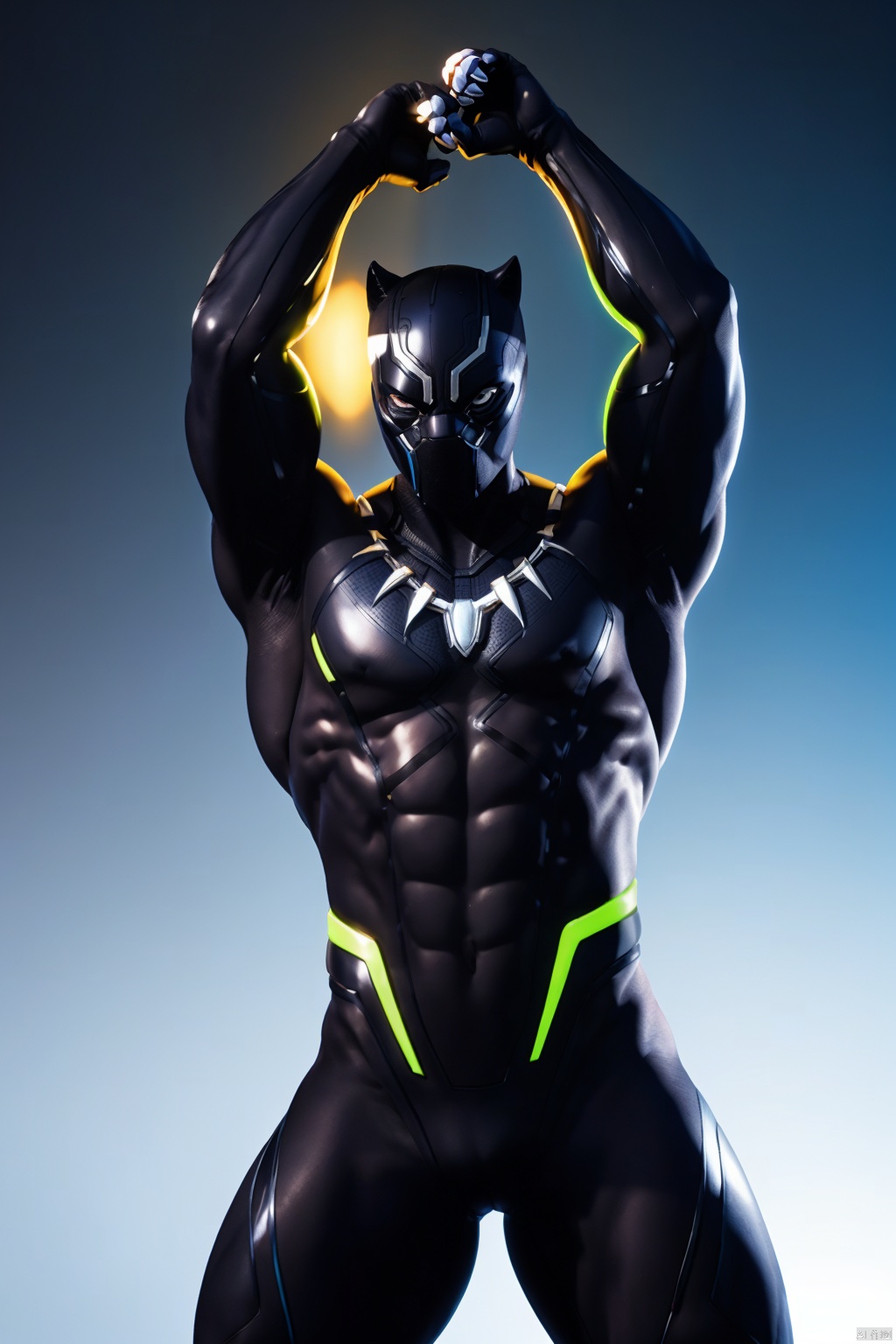 masterpiece, 1 boy, Mask, Black Panther, Black tights, Glossy, Muscular development, Strong and healthy, Gradient background, Neon light, Combat posture, textured skin, super detail, best quality,