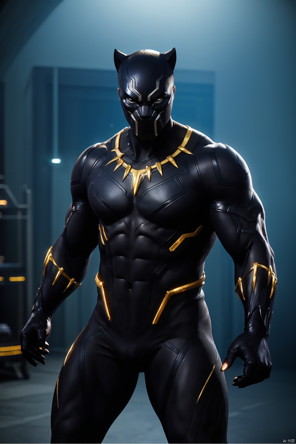 masterpiece, 1 boy, Look at me, Marvel, Black Panther, Mask, Tights, Golden texture, Muscular development, The background of science fiction, Neon light, Warfare, Combat posture, textured skin, super detail, best quality,