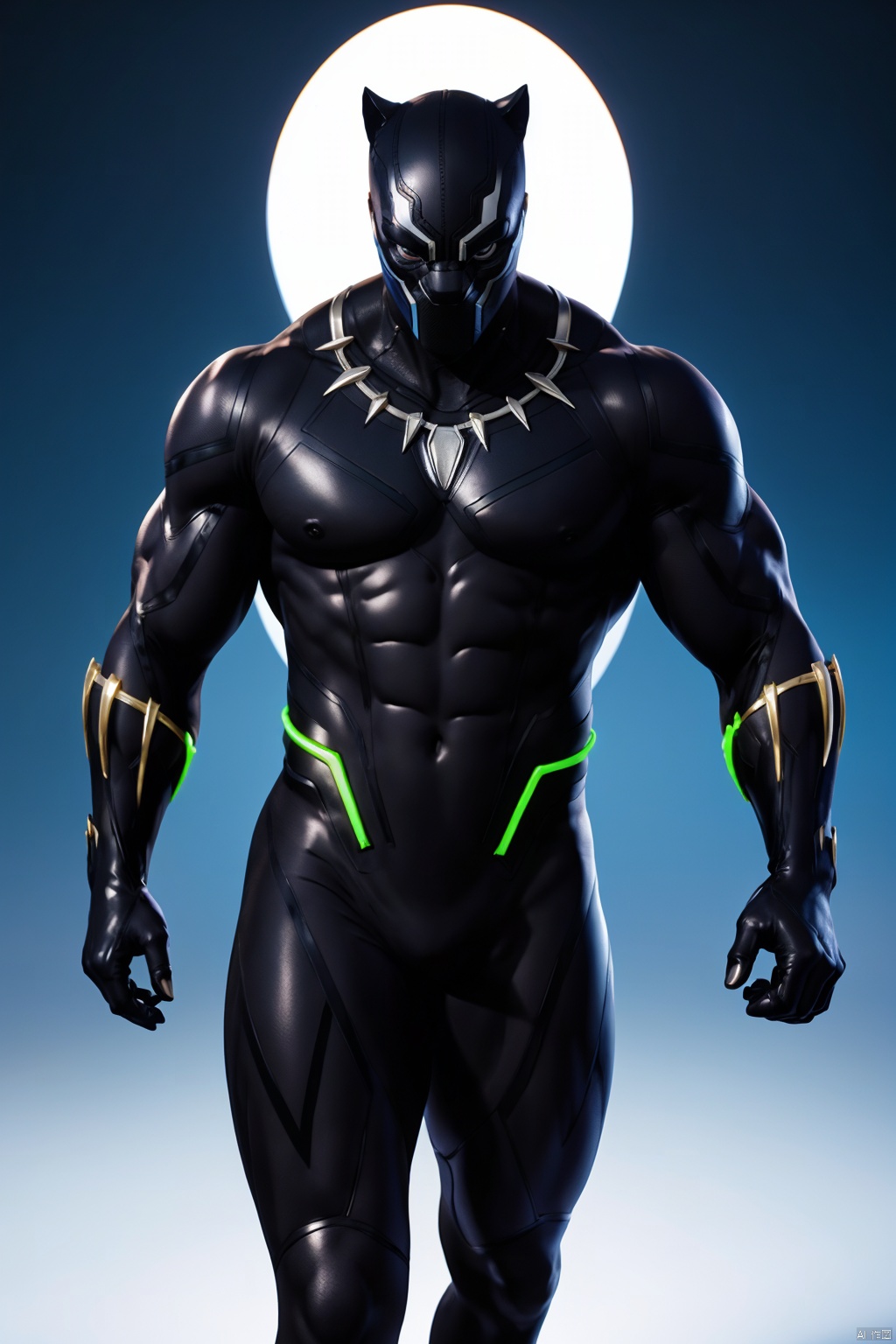 masterpiece, 1 boy, Mask, Black Panther, Black tights, Glossy, Muscular development, Strong and healthy, Gradient background, Neon light, Combat posture, textured skin, super detail, best quality,