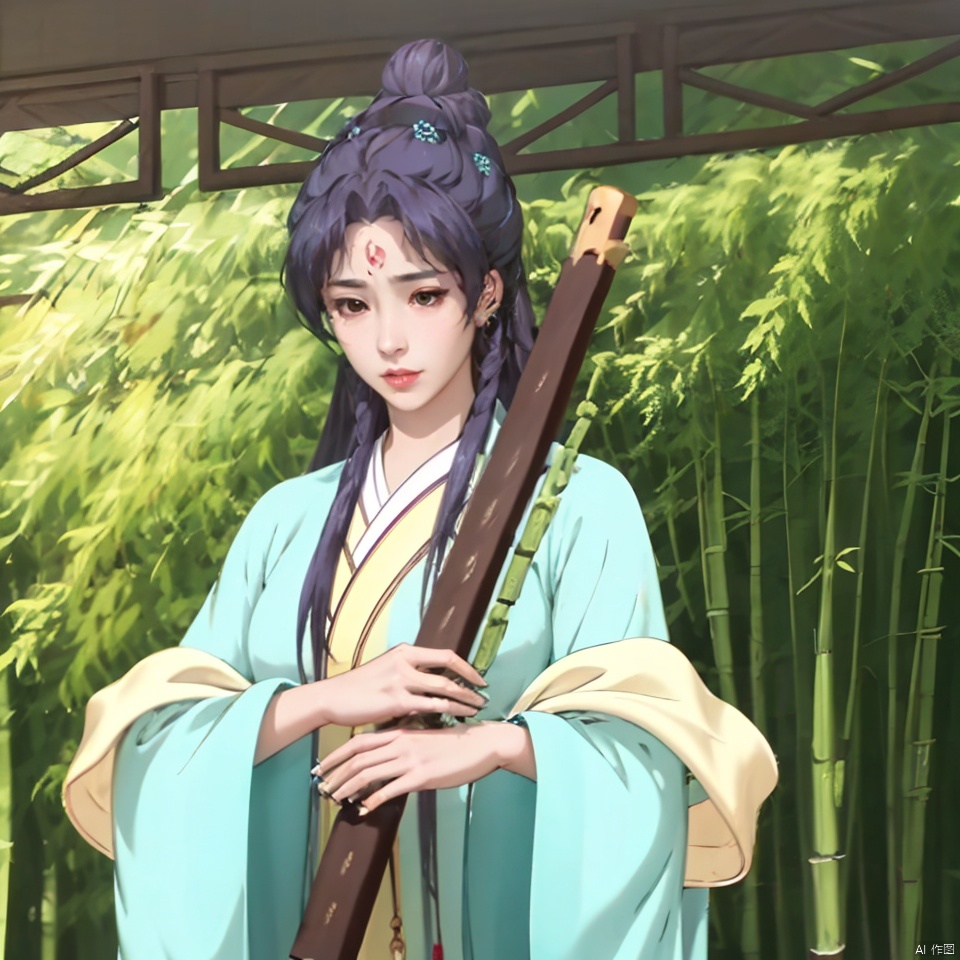 1girl, solo, long hair, bangs, black hair, hair ornament, long sleeves, holding, brown eyes, very long hair, closed mouth, upper body, weapon, flower, sidelocks, outdoors, japanese clothes, day, hair flower, wide sleeves, hair bun, parted bangs, facial mark, expressionless, chinese clothes, instrument, shawl, forehead mark, hair stick, hanfu,
Scabbard,Bamboo flute,There are patterns on the forehead,There is a fiery pattern on the forehead,