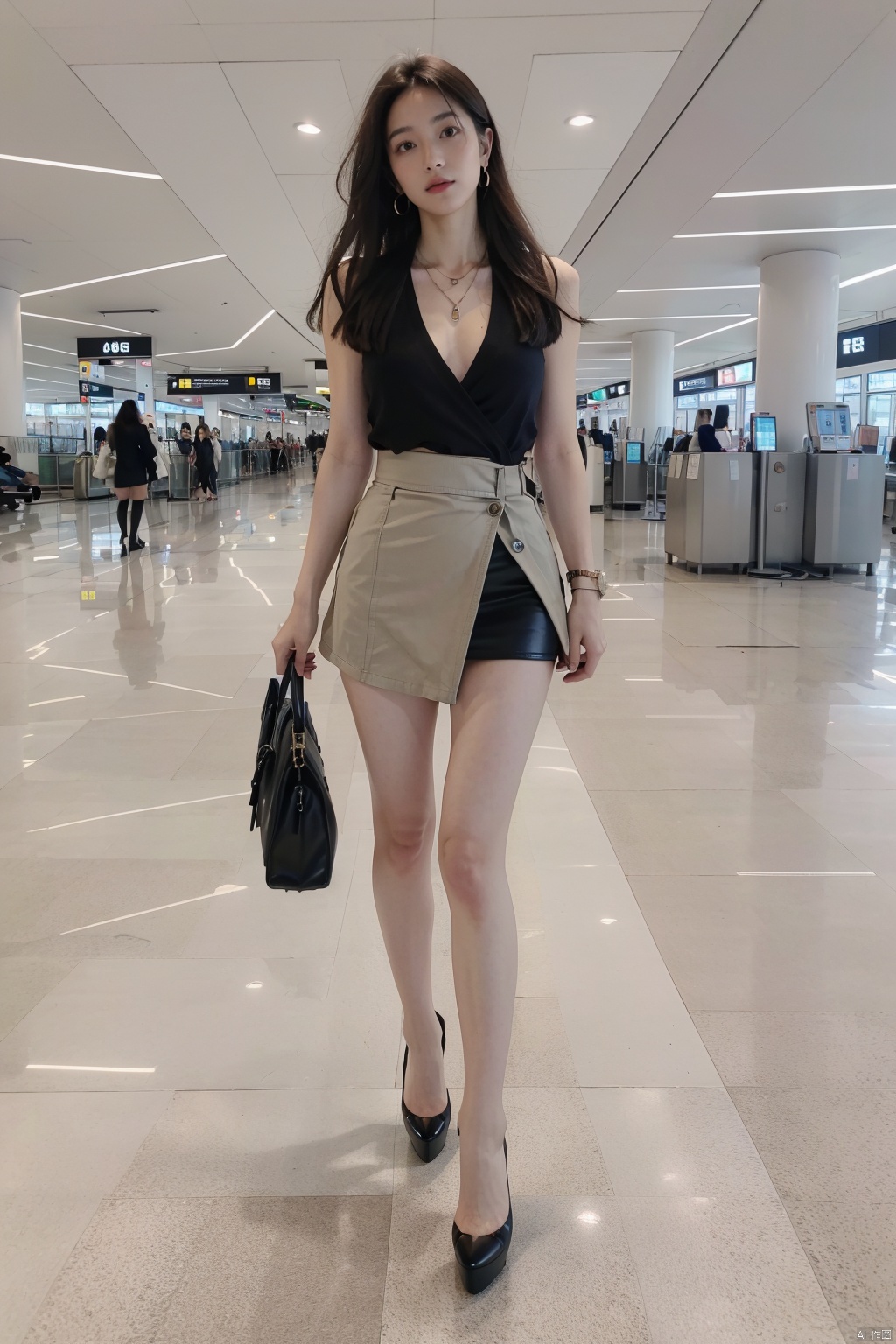 (RAW photo, best quality), (realistic, photo-realistic:1.3), ultra high res, high res, (masterpiece), (best quality:1.4), (absurdres,bare legs:1.3), (newyork city), side walk, young beauty,(full body:1.4), lone straight hair, high heel, necklace, ear rings, zoom in,((miniskirt)),tall girl,Wrap Toe Heels,Don't show your toes,airport,机场
