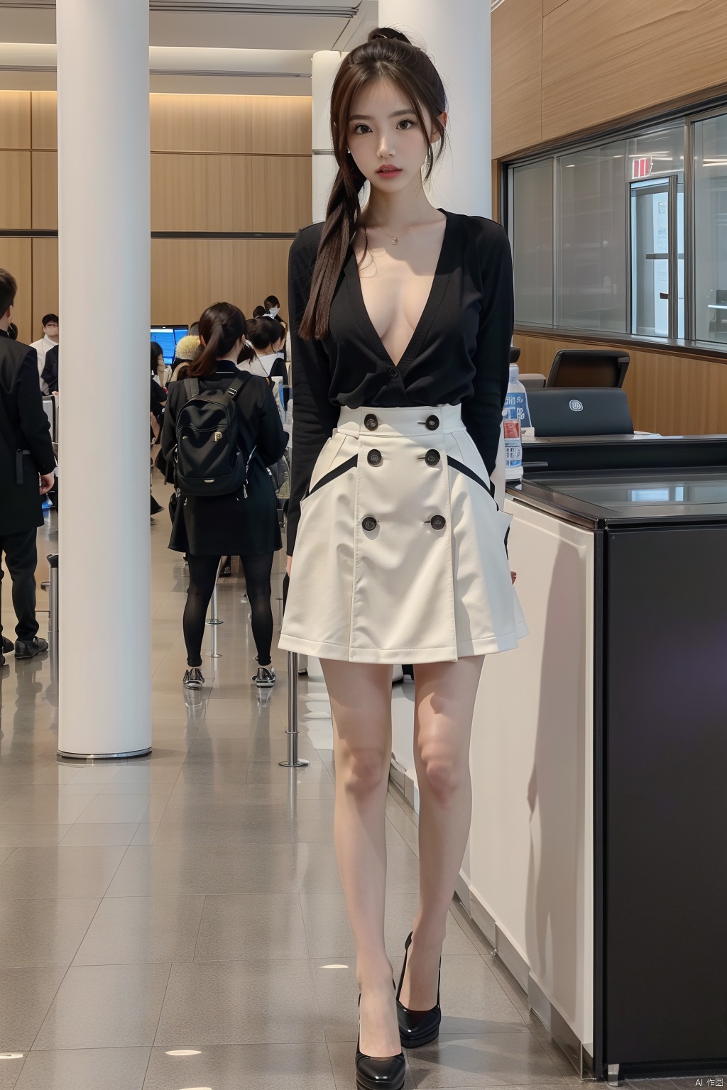  masterpiece, ultra detailed, high quality, 1girl, (parted lips),Deep V-length skirt, detailed lips,  Short sling,half body, Vacuum, ponytail, long wave hair,long channel,(purpleeyes:1.1),airport,机场,Wide passage, ll-hd