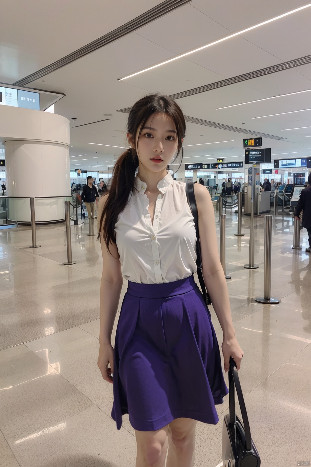 masterpiece, ultra detailed, high quality, 1girl, (parted lips),open skirt, detailed lips, Short sling,half body, Vacuum, ponytail, long wave hair,longchannel,(purpleeyes:1.1),airport,机场,Wide passage, ll-hd
