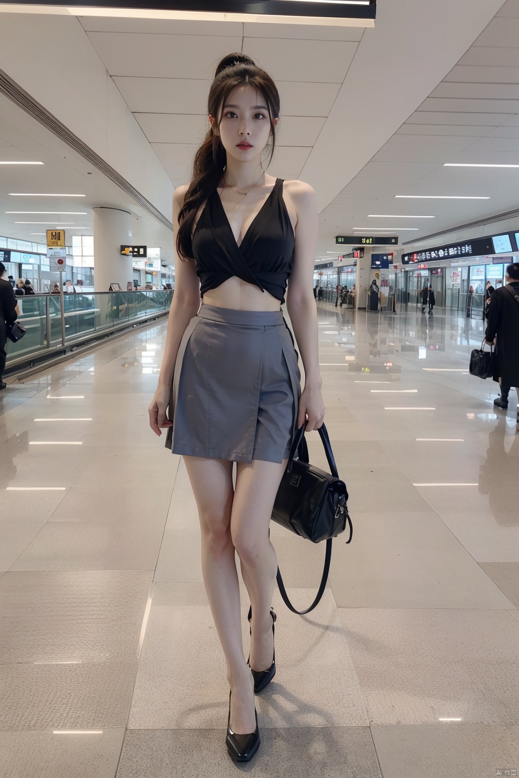 masterpiece, ultra detailed, high quality, 1girl, (parted lips),Deep V-length skirt, detailed lips, Short sling,half body, Vacuum, ponytail, long wave hair,longchannel,(purpleeyes:1.1),airport,机场,Wide passage, ll-hd
