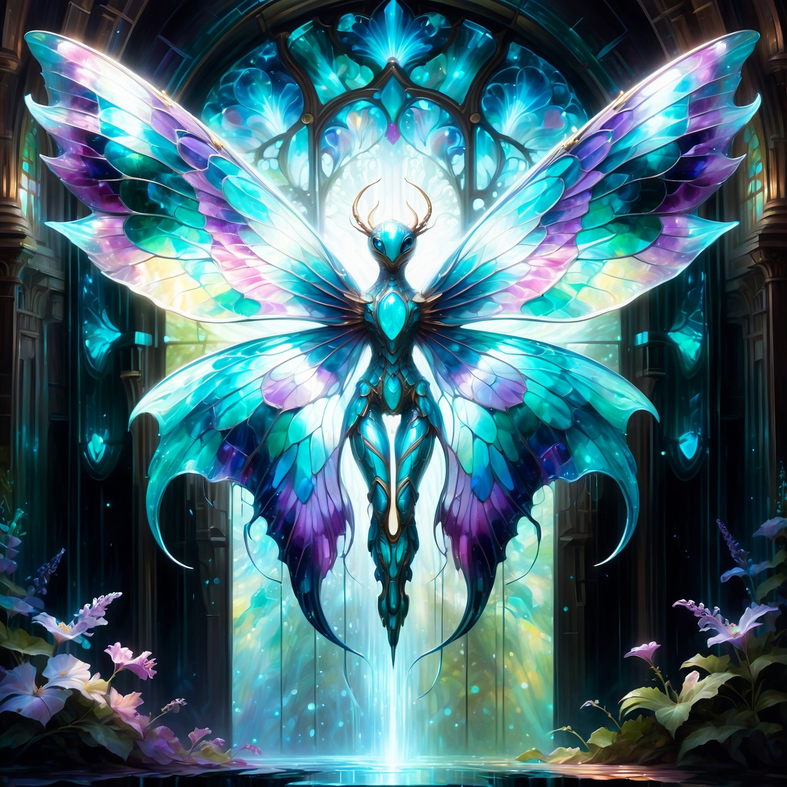 In a dreamlike acrylic painting,  a mesmerizingly ethereal creature takes center stage. Its body is adorned with soft,  fl...