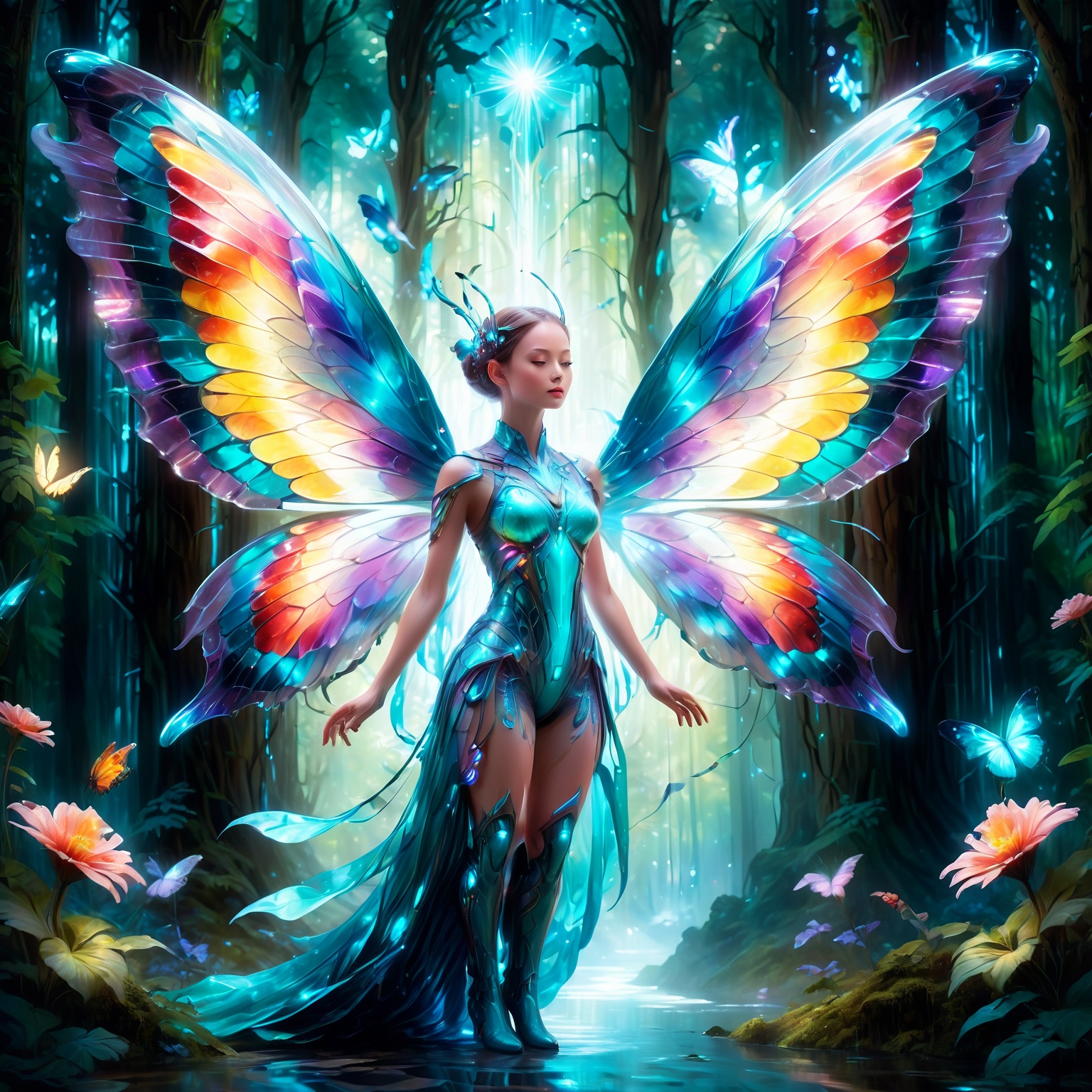 In a surreal digital artwork,  a girl with radiant butterfly wings stands in a mystical forest. Her body emits a gentle,...
