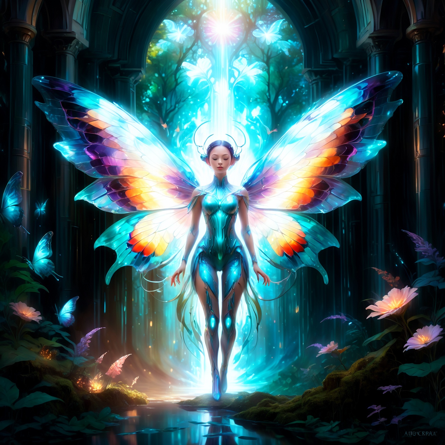 In a surreal digital artwork,  a girl with radiant butterfly wings stands in a mystical forest. Her body emits a gentle,...