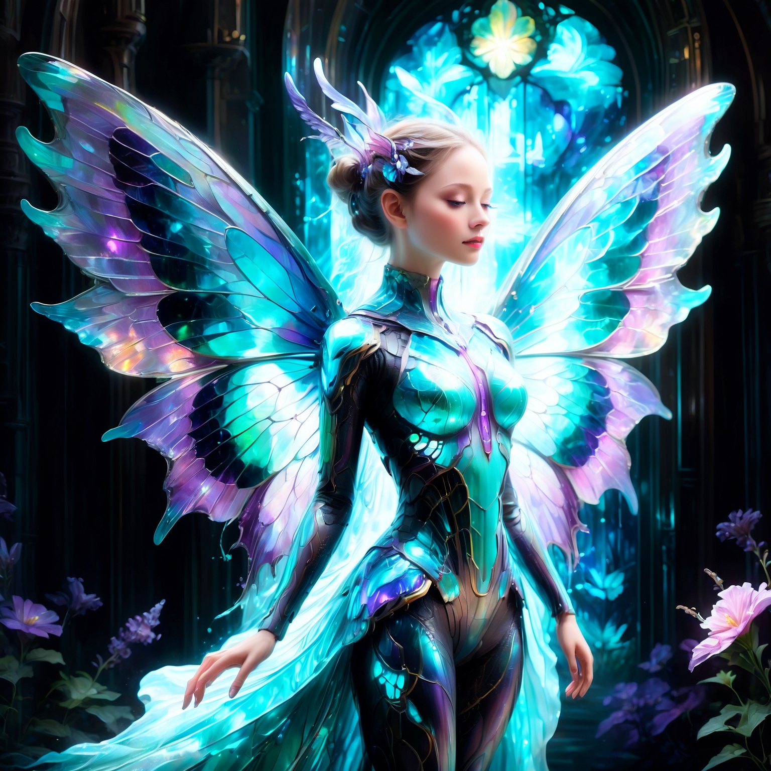 dreamlike acrylic painting,  mesmerizing ethereal girl with bioluminescent body,  otherworldly glow illuminating darkness...