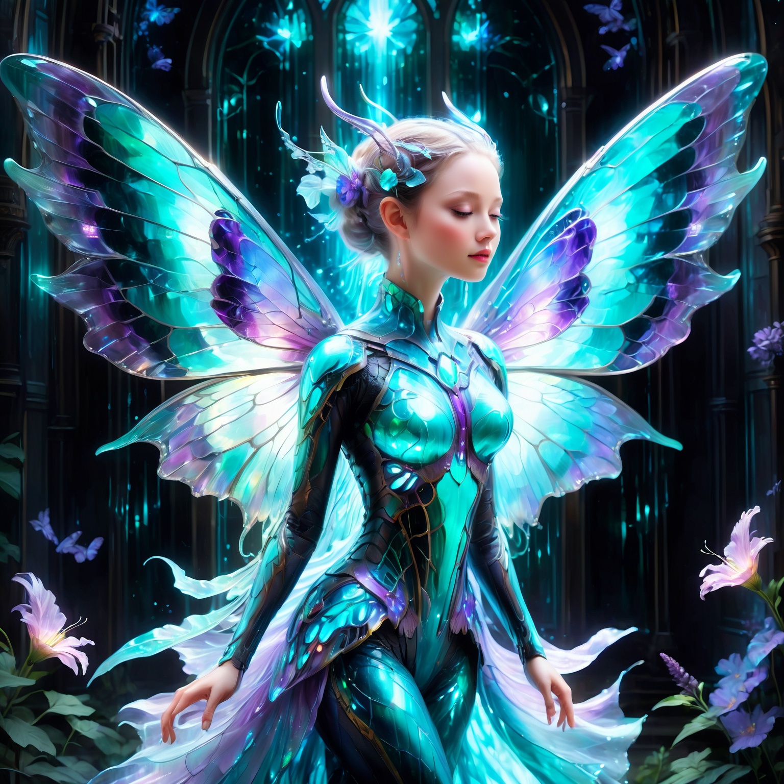 dreamlike acrylic painting,  mesmerizing ethereal girl with bioluminescent body,  otherworldly glow illuminating darkness...