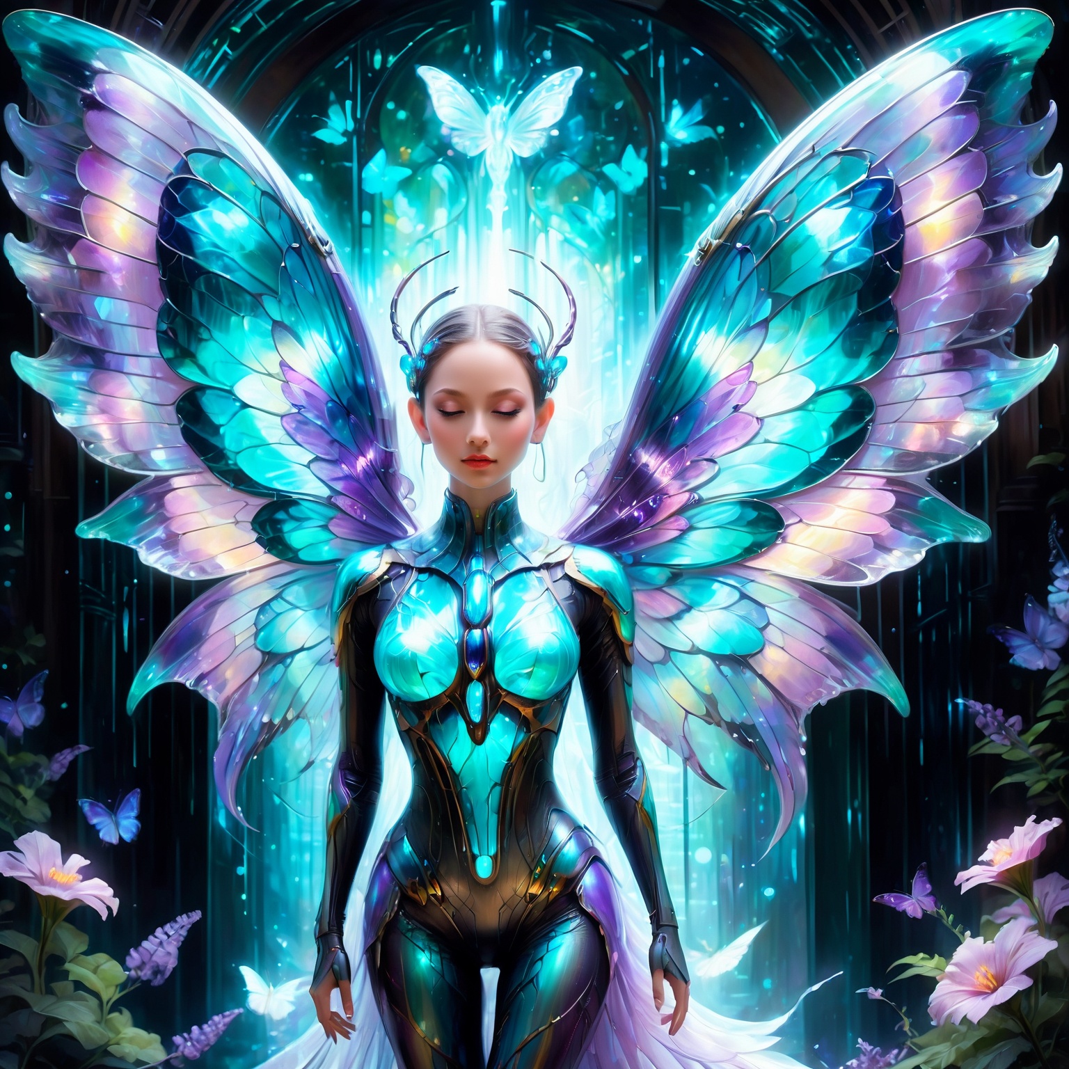 dreamlike acrylic painting,  mesmerizing ethereal girl with bioluminescent body,  otherworldly glow illuminating darkness...