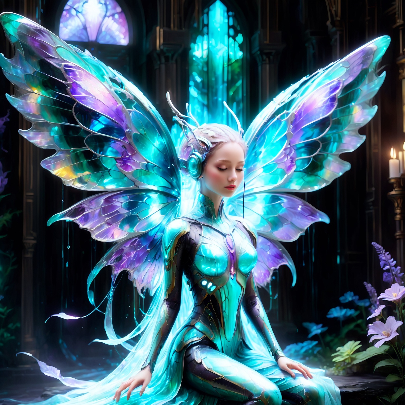 dreamlike acrylic painting,  mesmerizing ethereal girl with bioluminescent body,  otherworldly glow illuminating darkness...