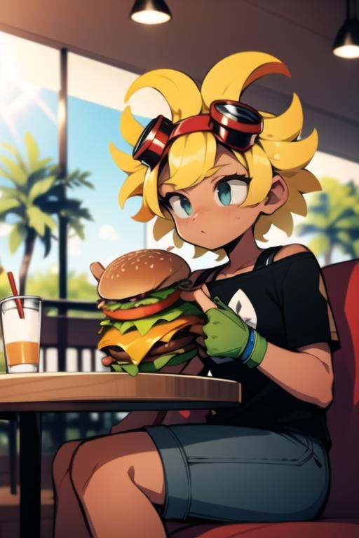 solarflare,  sitting in cafe,  eating burger on Tensor.Art