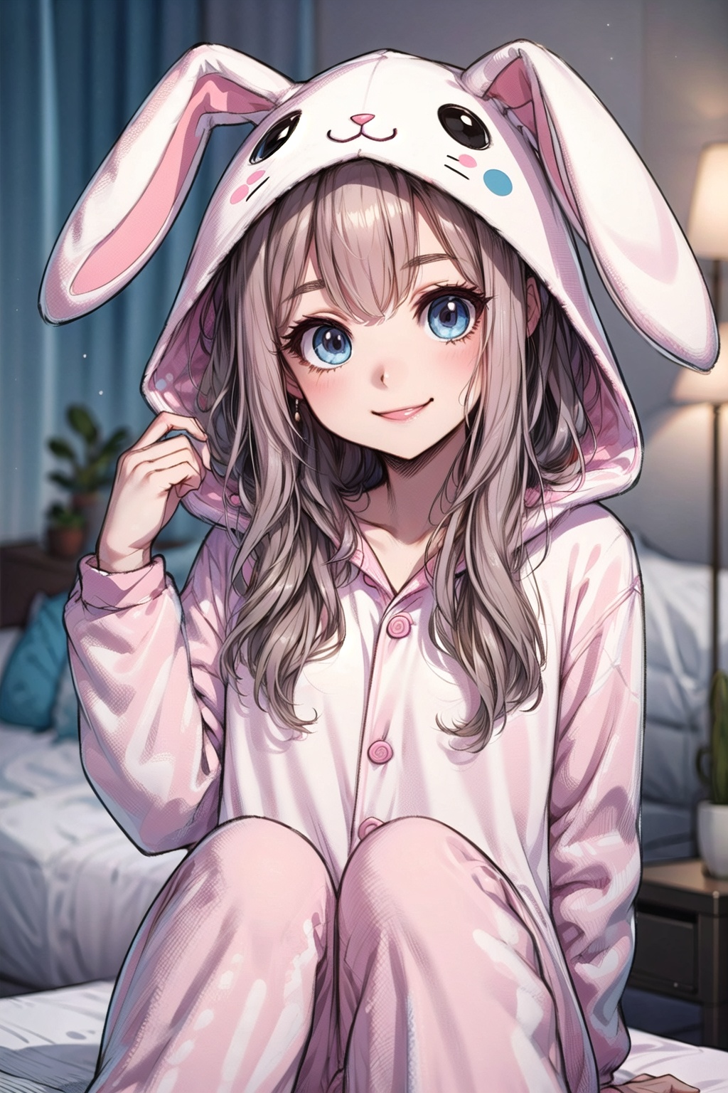 girl,  smile,  pink pajama onesie bunny on Tensor.Art
