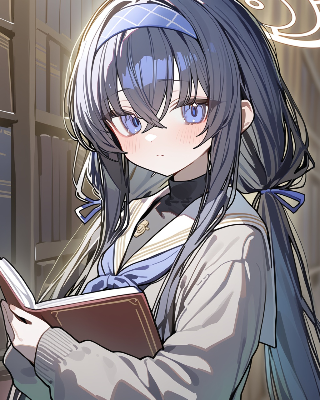 ningen mame,  1girl,  ui (blue archive),  solo,  book,  long hair,  black hair,  holding book,  holding,  hairband,  bangs,  bags under eyes,  blue hairband,  sailor collar,  blush,  long sleeves,  looking at viewer,  cardigan,  closed mouth,  white sailor collar,  hair between eyes,  school uniform,  halo,  upper body,  serafuku,  grey cardigan,  very long hair,  open book,  blue eyes,  purple eyes,  shirt,  crossed bangs,  ribbon,  black undershirt,  twintails,  bookshelf,  brown cardigan,  white serafuku