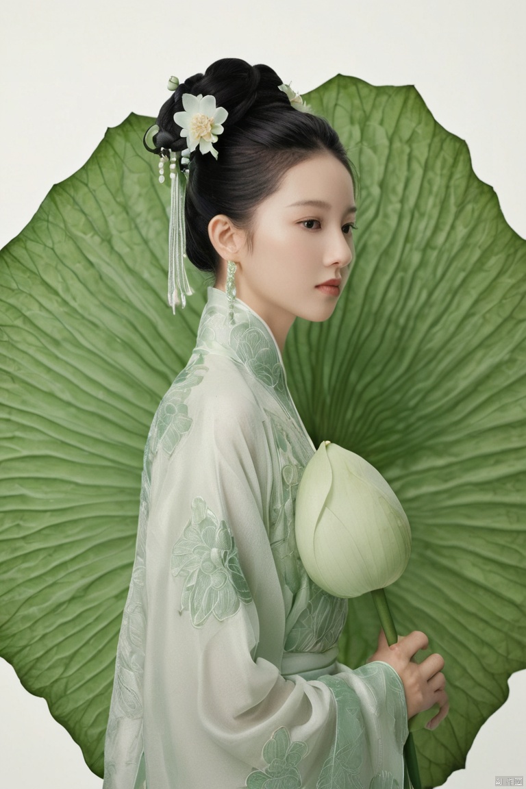  Ancient Chinese Beauty, wearing Hanfu, standing by one enormous lotus leave with intricate patterns, median transparent/translucent lotus leave, soft glow, in the style of Albert Watson, minimalism, light emerald and white, simple white background, surrealist, feminine sensibilities
