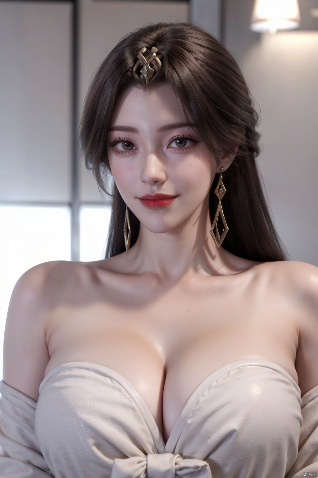  best quality,1girl,masterpiece,light makeup,pink lips,Huge chest,((mature female, milf)),((seductive smile),earrings,White_bathrobe,bare_shoulders, yunxi