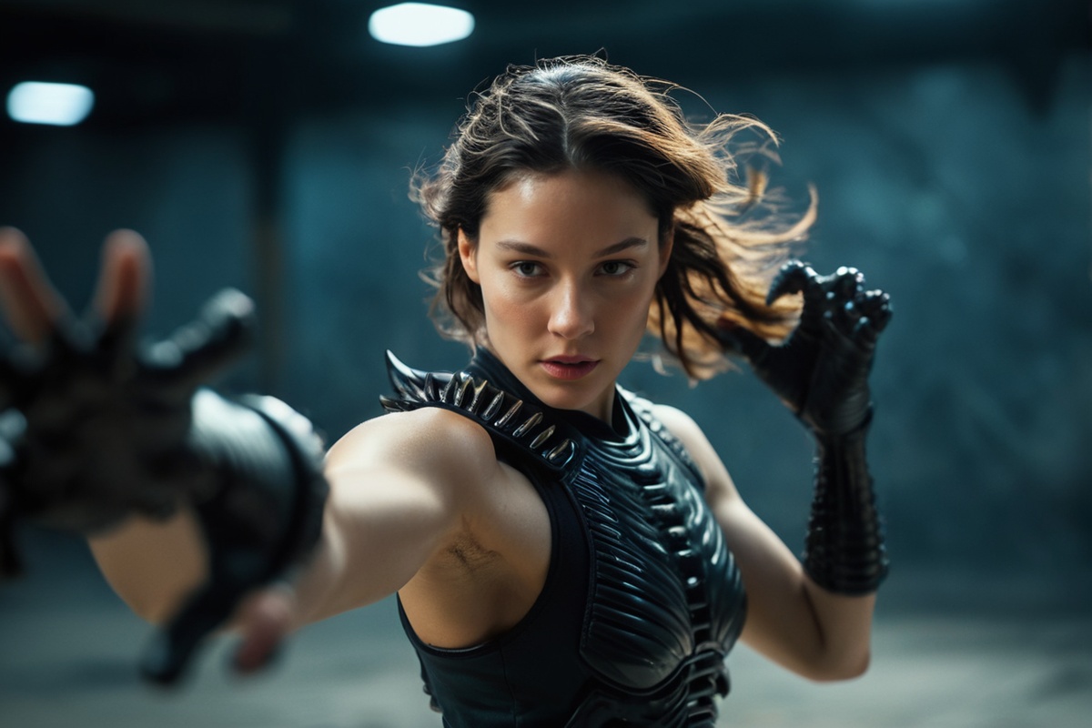 upper body epic realistic portrait of practicing against the ,  blurry xenomorphs in smooth background with bokeh,  realis...