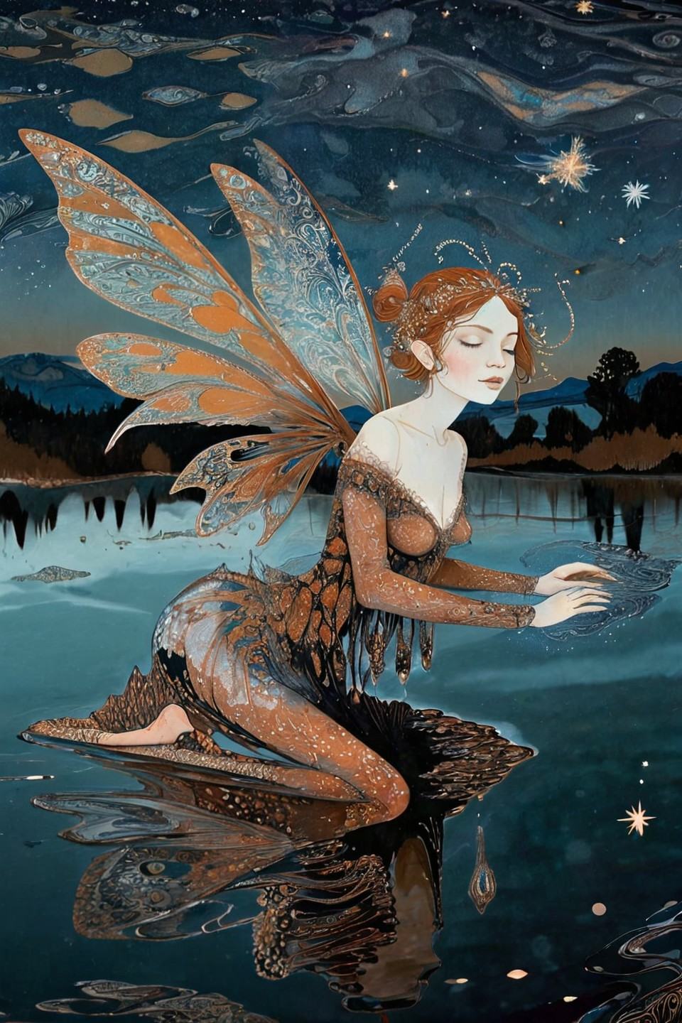 fantasy xlomrblng Expressionism black-tinted drawing,  a coloured line drawing of a mature copper-toned Italian fairy floa...
