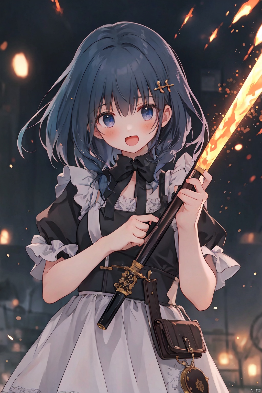  hanasakichu,(Masterpiece,Best Quality), A realistic anime girl in a maid dress with coal-colored hair, striking a battle pose with a spear, inviting viewers to look closely at the high-resolution illustration, Fantasy, magical vibes, sci-fi mood, sparks, DoF, bokeh, sharp focus
