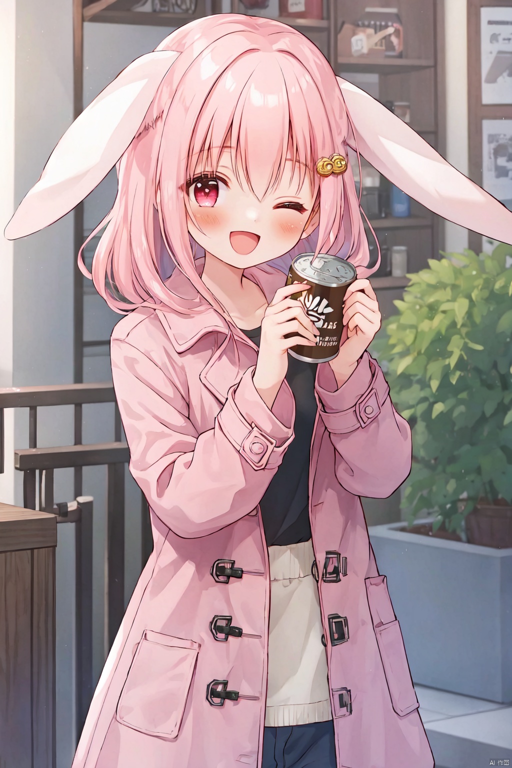 hanasakichu, 1girl, ;d, animal ears, black shirt, can, canned coffee, coat, day, drink can, georgia coffee, hair ornament, hanasaki chiyu, highres, holding, holding can, indie virtual youtuber, long sleeves, looking at viewer, medium hair, one eye closed, pink coat, pink eyes, pink hair, rabbit ears, shirt, smile, solo, standing, virtual youtuber