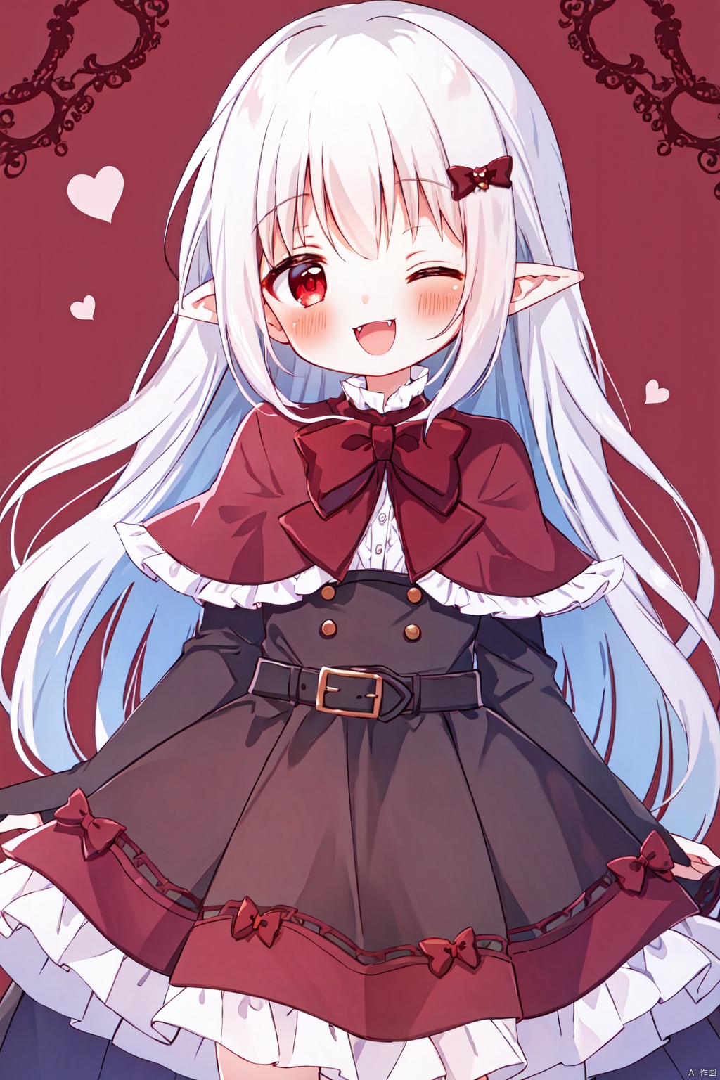  hanasakichu,nai3,1girl,white hair,red eyes,1girl, half-closed eyes,arms behind back, solo, long_hair, dress, long_sleeves, smile, fangs, bow, :d, pointy_ears, looking_at_viewer, bangs, frills, open_mouth, very_long_hair, red_bow, blush, hair_bow, sleeves_past_wrists, lolita_fashion, red_dress, capelet, frilled_dress,hair_over_one_eye, vampire,cowboy shot,upper body, best quality, amazing quality, very aesthetic, absurdres,
