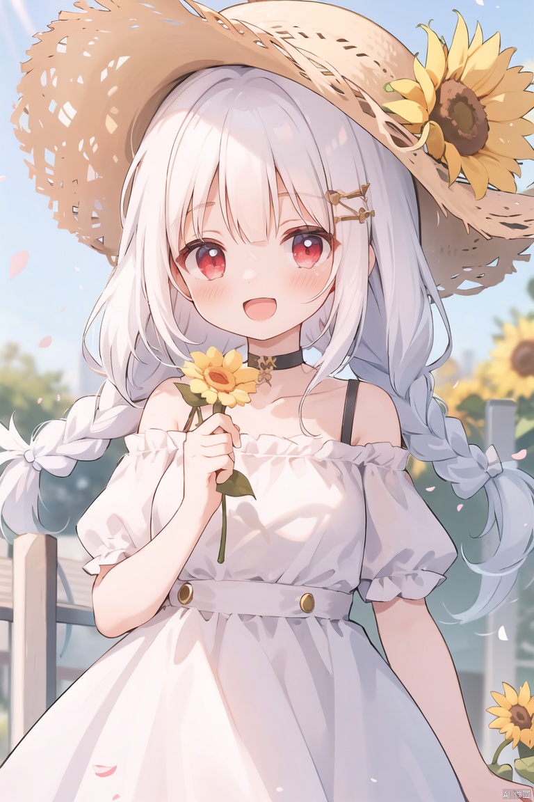 1girl,white hair,red eyes,portrait,1girl, sunflower, flower, solo, hat, long hair, braid, dress, smile, open mouth, looking at viewer, holding, white dress, short sleeves, straw hat, collarbone, :d, outdoors, blurry, bangs, bare shoulders, yellow flower, ribbon, petals, upper body, red eyes, white hair,blurry background, holding flower, sun hat, off shoulder, puffy short sleeves, brown headwear, ribbon choker, blush, puffy sleeves, choker, hat flower, frills, day, depth of field, off-shoulder dress, white ribbon, single braid