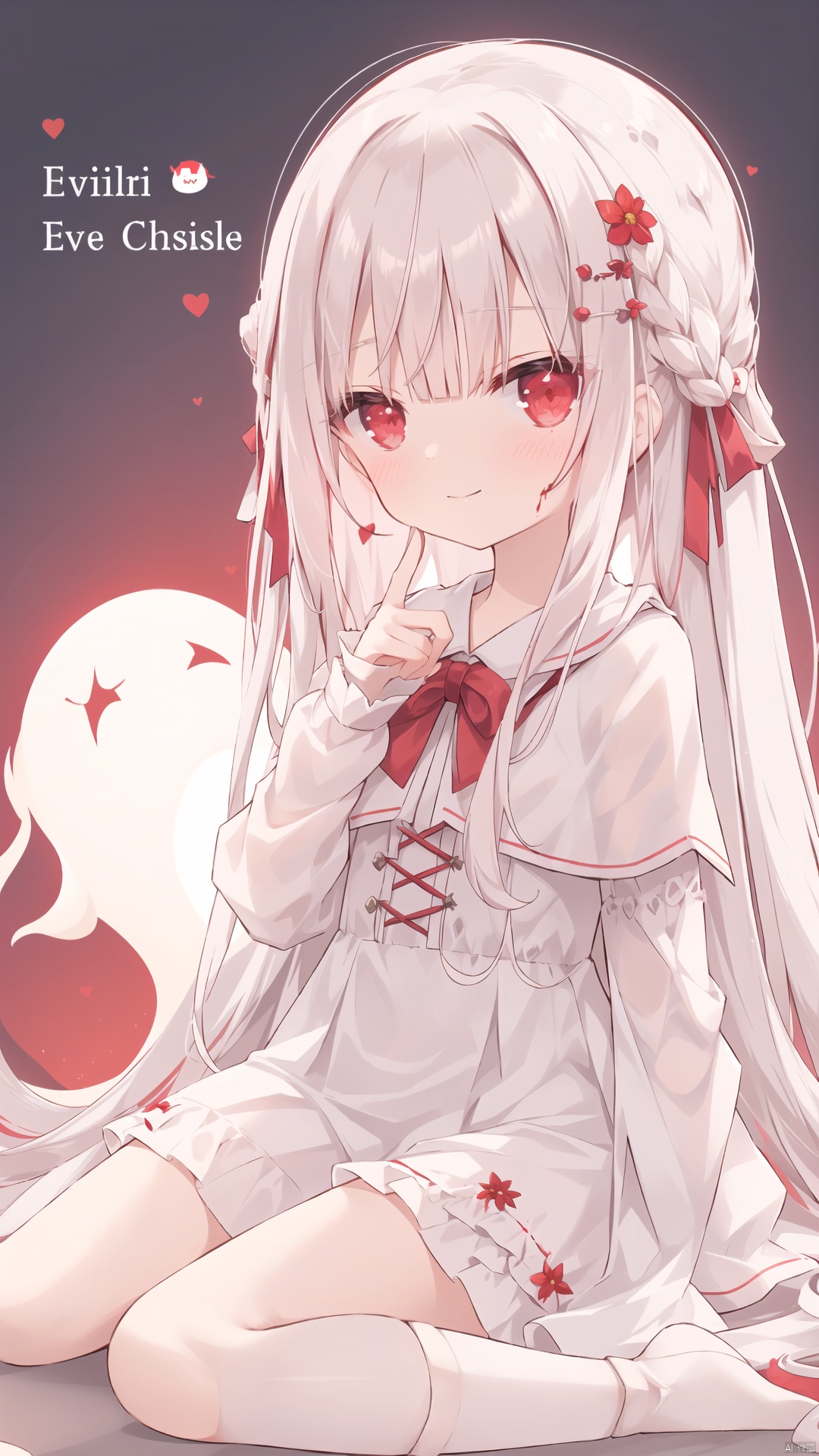  372089,1girl,(loli:1.2),red eyes,white cape,expressionless,(white hair),long hair,(red hair flower),(blood:1.2),(ghost castle:1.2),(english text),(silhouette),Long bangs,evil smile,cover,Text below, hoshi (snacherubi)