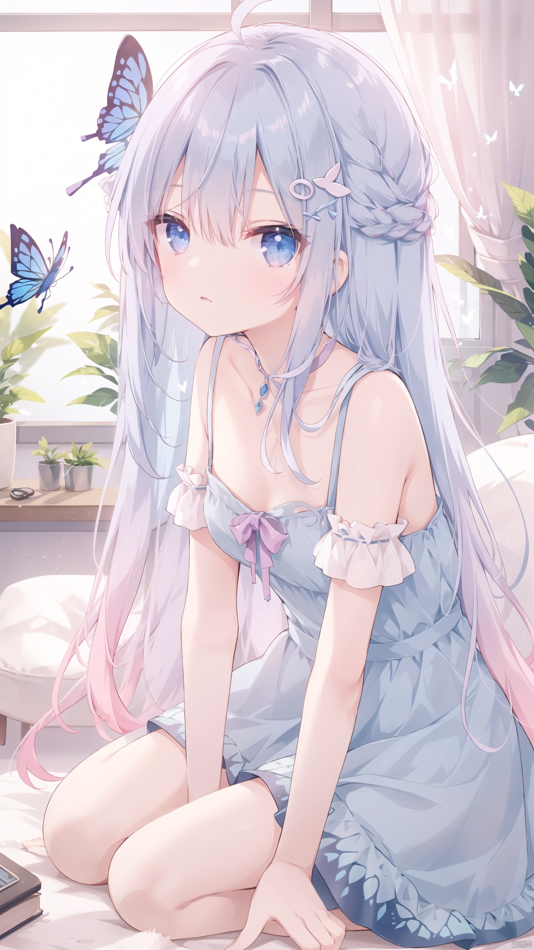  hoshi (snacherubi), 1girl, solo, long hair, blue eyes, hair ornament, dress, ribbon, blue hair, pink hair, multicolored hair, hair over one eye, gradient hair, blue dress, antenna hair, bug, butterfly, blue butterfly, cuteloli