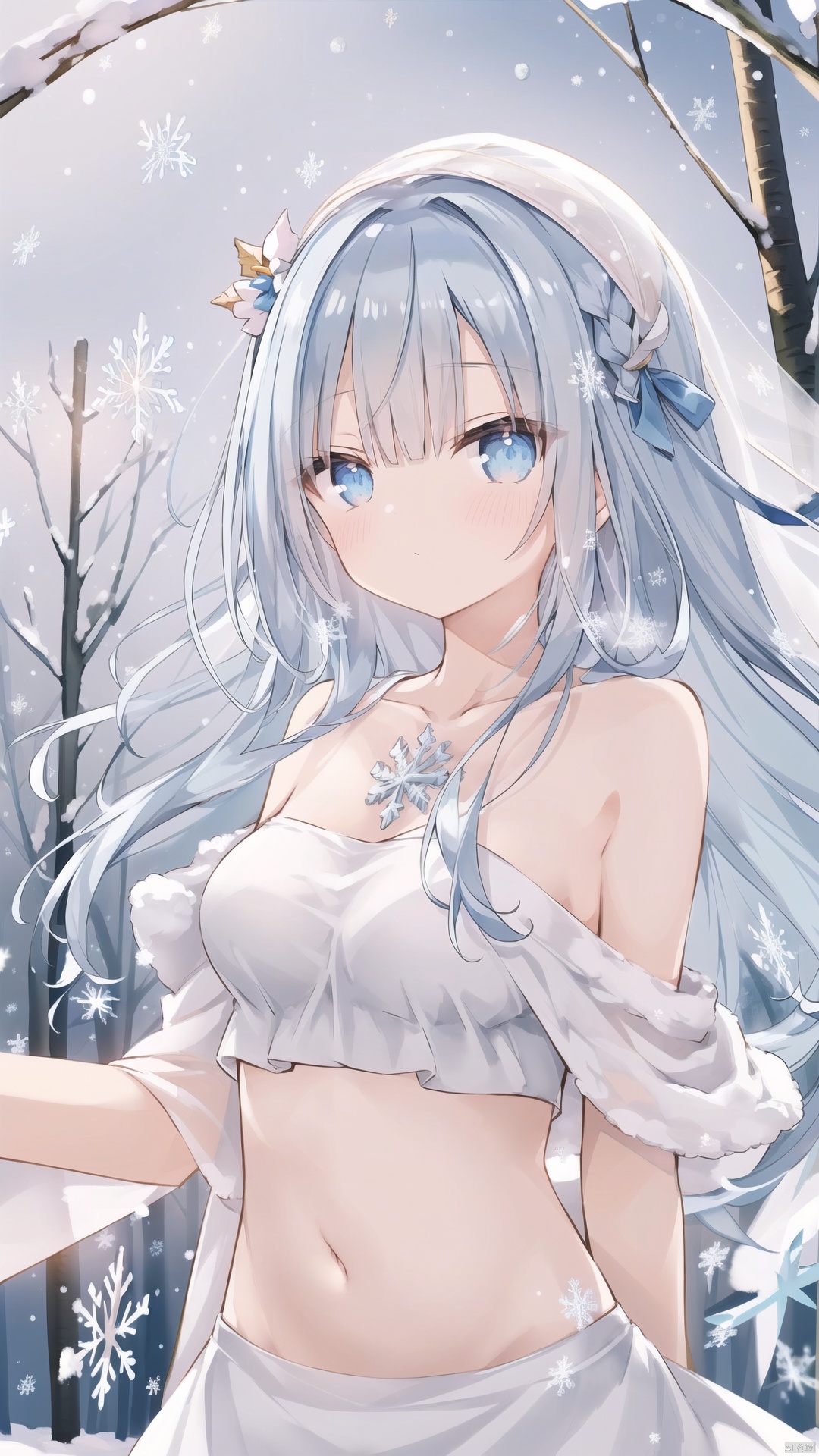  372089,((((ink))),((watercolor)),world masterpiece theater, ((best quality)),depth of field,((illustration)),(1 girl),anime face,medium_breast,floating,beautiful detailed sky,looking_at_viewers,an detailed organdie dress,very_close_to_viewers,bare_shoulder,golden_bracelet,focus_on_face,messy_long_hair,veil,upper_body,,lens_flare,light_leaks,bare shoulders,detailed_beautiful_Snow Forest_with_Trees, spirit,grey_hair,White clothes,((Snowflakes)),floating sand flow,navel,(beautiful detailed eyes), (8k_wallpaper)
