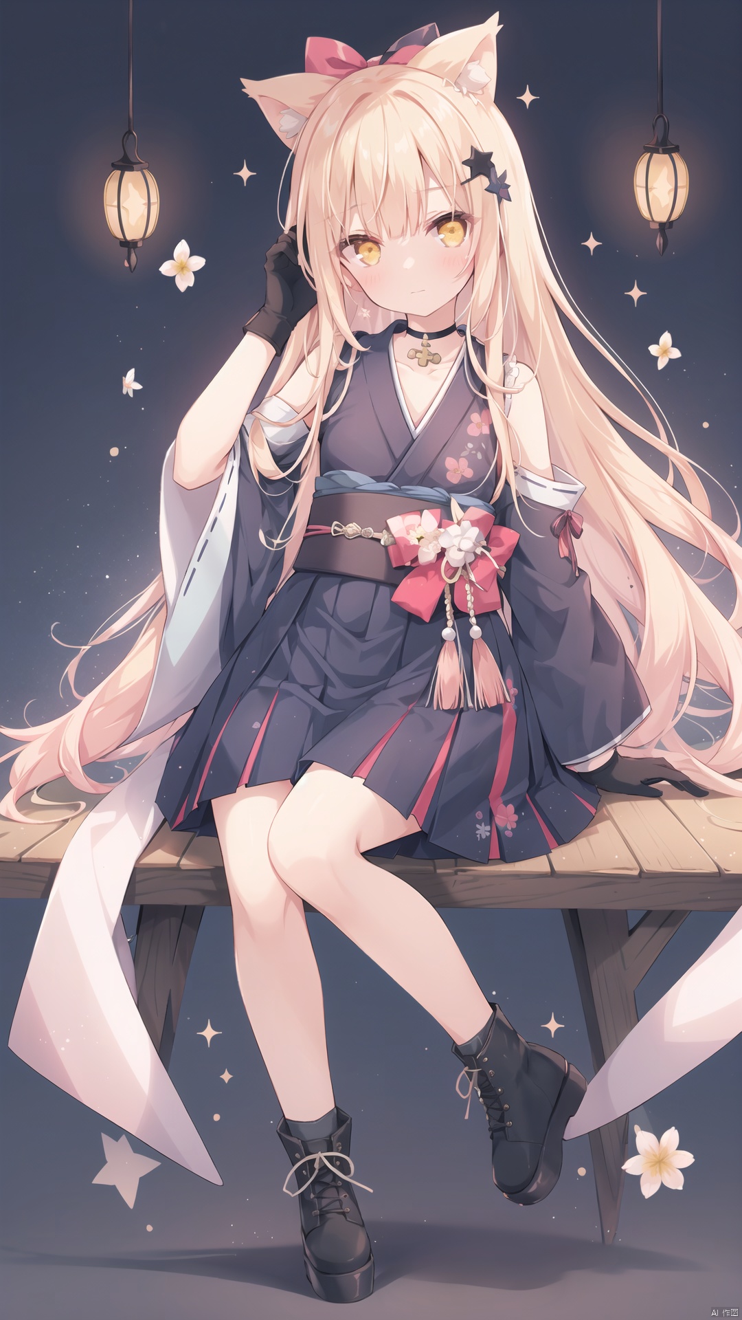hoshi (snacherubi),1girl, long hair, official alternate costume, very long hair, solo, gloves, skirt, choker, black gloves, high-waist skirt, boots, meiji schoolgirl uniform, hakama skirt, floral print, hakama, full body, japanese clothes, half gloves, chinese text, orange eyes, looking at viewer, bow, cross-laced footwear, hair bow, closed mouth, pink hair, yellow eyes, blonde hair, head tilt, wide sleeves, lace-up boots, black footwear, hair over shoulder, arm up, ribbon, black bow, flower, kimono
