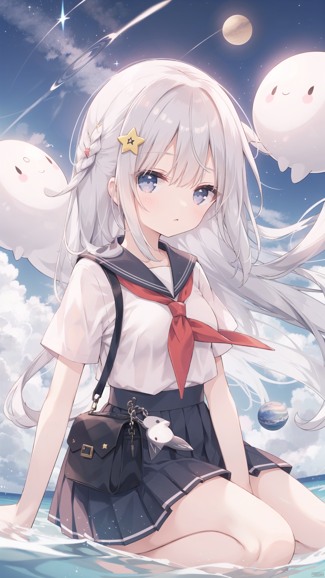  hoshi (snacherubi), 1girl, long hair, skirt, shirt, sitting, school uniform, white shirt, white hair, short sleeves, pleated skirt, barefoot, serafuku, black skirt, sailor collar, bag, neckerchief, floating hair, star \(sky\), red neckerchief, seiza, floating, space, planet,
