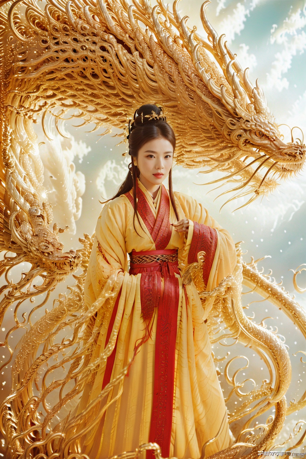 (masterpiece,best quality:1.5), ultra realistic,1girl, long hair, straight hair, portrait, mysterious forest, firefly, bokeh, mysterious, night, sky, cloud, gold hanfu, with one gold Chinese Dragon