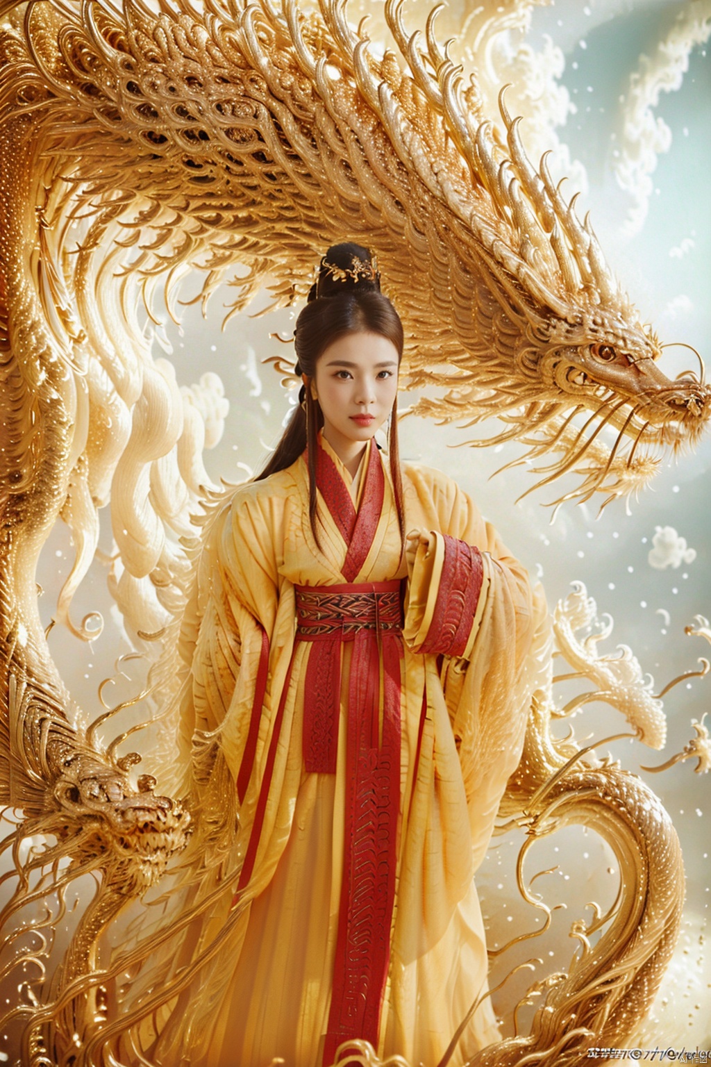 (masterpiece,best quality:1.5), ultra realistic,1girl, long hair, straight hair, portrait, mysterious forest, firefly, bokeh, mysterious, night, sky, cloud, gold hanfu, with one gold Chinese Dragon